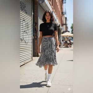 Della Spiga weekend waterfall black and white spiral graphic skirt cottagecore m